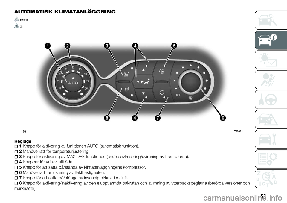 FIAT TALENTO 2018  Drift- och underhållshandbok (in Swedish) AUTOMATISK KLIMATANLÄGGNING
50) 51)
2)
Reglage1Knapp för aktivering av funktionen AUTO (automatisk funktion).
2Manöverratt för temperaturjustering.
3Knapp för aktivering av MAX DEF-funktionen (sn