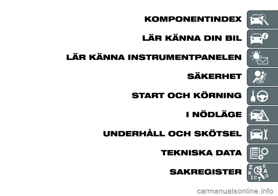 FIAT TALENTO 2018  Drift- och underhållshandbok (in Swedish) KOMPONENTINDEX
LÄR KÄNNA DIN BIL
LÄR KÄNNA INSTRUMENTPANELEN
SÄKERHET
START OCH KÖRNING
I NÖDLÄGE
UNDERHÅLL OCH SKÖTSEL
TEKNISKA DATA
SAKREGISTER 