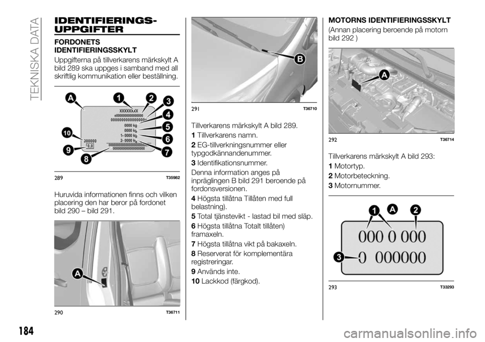 FIAT TALENTO 2020 Drift- och underhållshandbok (in Swedish) IDENTIFIERINGS-
UPPGIFTER
FORDONETS
IDENTIFIERINGSSKYLT
Uppgifterna på tillverkarens märkskylt A
bild 289 ska uppges i samband med all
skriftlig kommunikation eller beställning.
Huruvida informatio FIAT TALENTO 2020 Drift- och underhållshandbok (in Swedish) IDENTIFIERINGS-
UPPGIFTER
FORDONETS
IDENTIFIERINGSSKYLT
Uppgifterna på tillverkarens märkskylt A
bild 289 ska uppges i samband med all
skriftlig kommunikation eller beställning.
Huruvida informatio