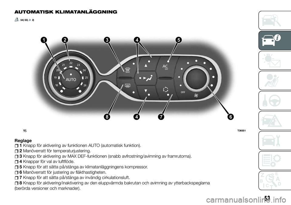 FIAT TALENTO 2020 Drift- och underhållshandbok (in Swedish) AUTOMATISK KLIMATANLÄGGNING
54) 55)2)
Reglage1Knapp för aktivering av funktionen AUTO (automatisk funktion).
2Manöverratt för temperaturjustering.
3Knapp för aktivering av MAX DEF-funktionen (sna FIAT TALENTO 2020 Drift- och underhållshandbok (in Swedish) AUTOMATISK KLIMATANLÄGGNING
54) 55)2)
Reglage1Knapp för aktivering av funktionen AUTO (automatisk funktion).
2Manöverratt för temperaturjustering.
3Knapp för aktivering av MAX DEF-funktionen (sna