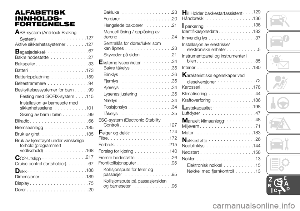 FIAT TALENTO 2017  Drift- og vedlikeholdshåndbok (in Norwegian) ALFABETISK
INNHOLDS- 
FORTEGNELSE
ABS-system (Anti-lock Braking
System).................127
Aktive sikkerhetssystemer.......127
Bagasjedeksel...............67
Bakre hodestøtte.............27
Bakspeil