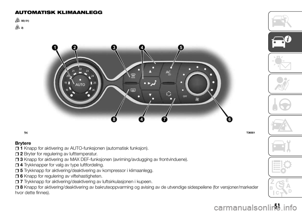 FIAT TALENTO 2017  Drift- og vedlikeholdshåndbok (in Norwegian) AUTOMATISK KLIMAANLEGG
50) 51)
2)
Brytere1Knapp for aktivering av AUTO-funksjonen (automatisk funksjon).
2Bryter for regulering av lufttemperatur.
3Knapp for aktivering av MAX DEF-funksjonen (avriming