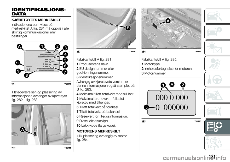 FIAT TALENTO 2018  Drift- og vedlikeholdshåndbok (in Norwegian) IDENTIFIKASJONS-
DATA
KJØRETØYETS MERKESKILT
Indikasjonene som vises på
merkeskiltet A fig. 281 må oppgis i alle
skriftlig kommunikasjoner eller
bestillinger.
Tilstedeværelsen og plassering av
in
