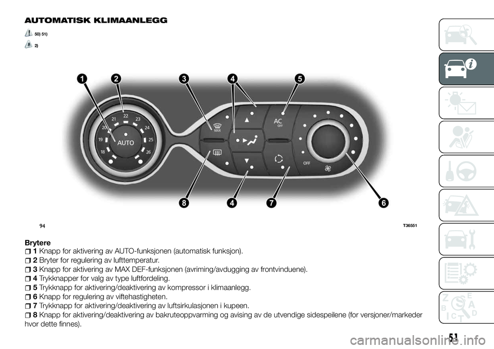 FIAT TALENTO 2018  Drift- og vedlikeholdshåndbok (in Norwegian) AUTOMATISK KLIMAANLEGG
50) 51)
2)
Brytere1Knapp for aktivering av AUTO-funksjonen (automatisk funksjon).
2Bryter for regulering av lufttemperatur.
3Knapp for aktivering av MAX DEF-funksjonen (avriming