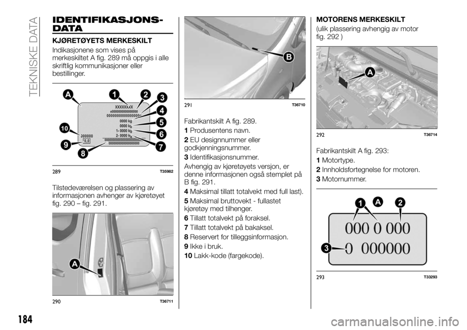 FIAT TALENTO 2019  Drift- og vedlikeholdshåndbok (in Norwegian) IDENTIFIKASJONS-
DATA
KJØRETØYETS MERKESKILT
Indikasjonene som vises på
merkeskiltet A fig. 289 må oppgis i alle
skriftlig kommunikasjoner eller
bestillinger.
Tilstedeværelsen og plassering av
in