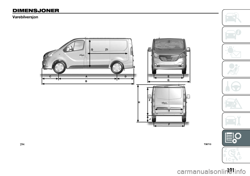 FIAT TALENTO 2019  Drift- og vedlikeholdshåndbok (in Norwegian) DIMENSJONER
Varebilversjon
294T36713
191 