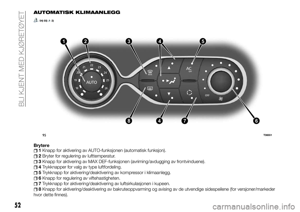 FIAT TALENTO 2019  Drift- og vedlikeholdshåndbok (in Norwegian) AUTOMATISK KLIMAANLEGG
54) 55)2)
Brytere1Knapp for aktivering av AUTO-funksjonen (automatisk funksjon).
2Bryter for regulering av lufttemperatur.
3Knapp for aktivering av MAX DEF-funksjonen (avriming/