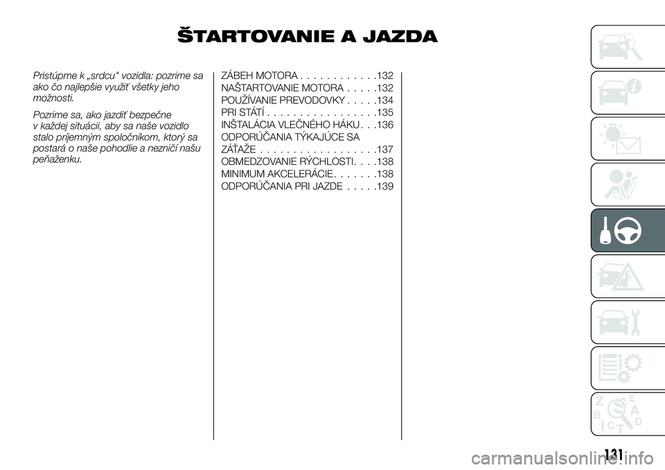 FIAT TALENTO 2018 Návod na použitie a údržbu (in Slovak) ŠTARTOVANIE A JAZDA
Pristúpme k „srdcu" vozidla: pozrime sa
ako čo najlepšie využiť všetky jeho
možnosti.
Pozrime sa, ako jazdiť bezpečne
v každej situácii, aby sa naše vozidlo
stal FIAT TALENTO 2018 Návod na použitie a údržbu (in Slovak) ŠTARTOVANIE A JAZDA
Pristúpme k „srdcu" vozidla: pozrime sa
ako čo najlepšie využiť všetky jeho
možnosti.
Pozrime sa, ako jazdiť bezpečne
v každej situácii, aby sa naše vozidlo
stal