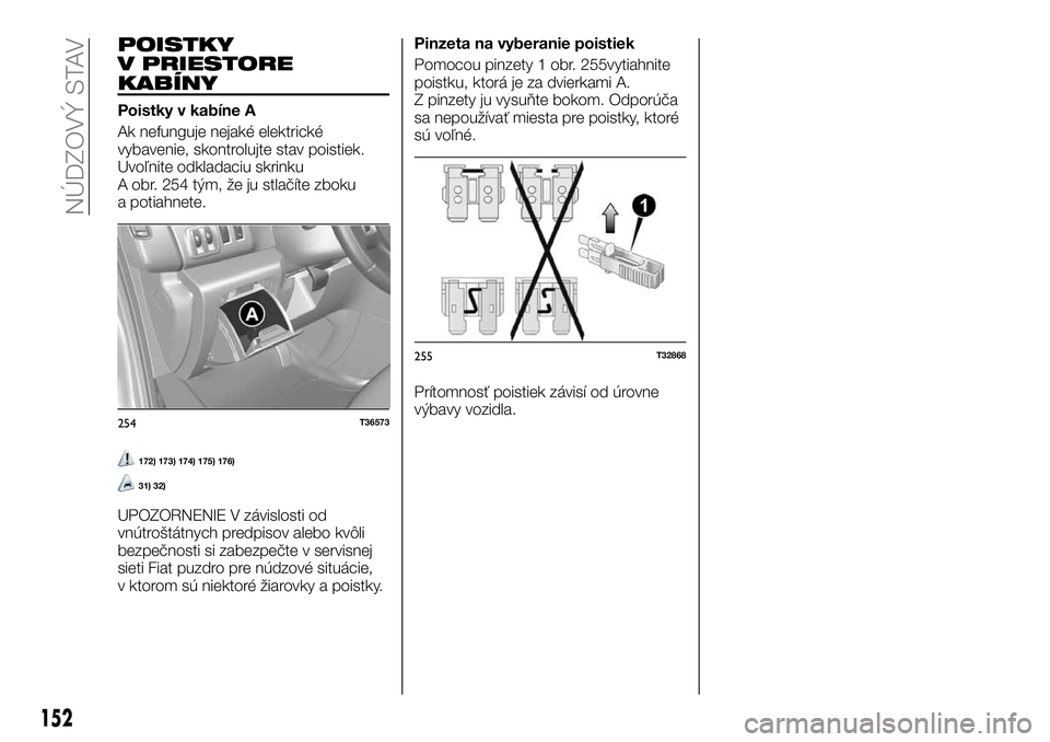FIAT TALENTO 2019  Návod na použitie a údržbu (in Slovak) POISTKY
V PRIESTORE
KABÍNY
Poistky v kabíne A
Ak nefunguje nejaké elektrické
vybavenie, skontrolujte stav poistiek.
Uvoľnite odkladaciu skrinku
A obr. 254 tým, že ju stlačíte zboku
a potiahne