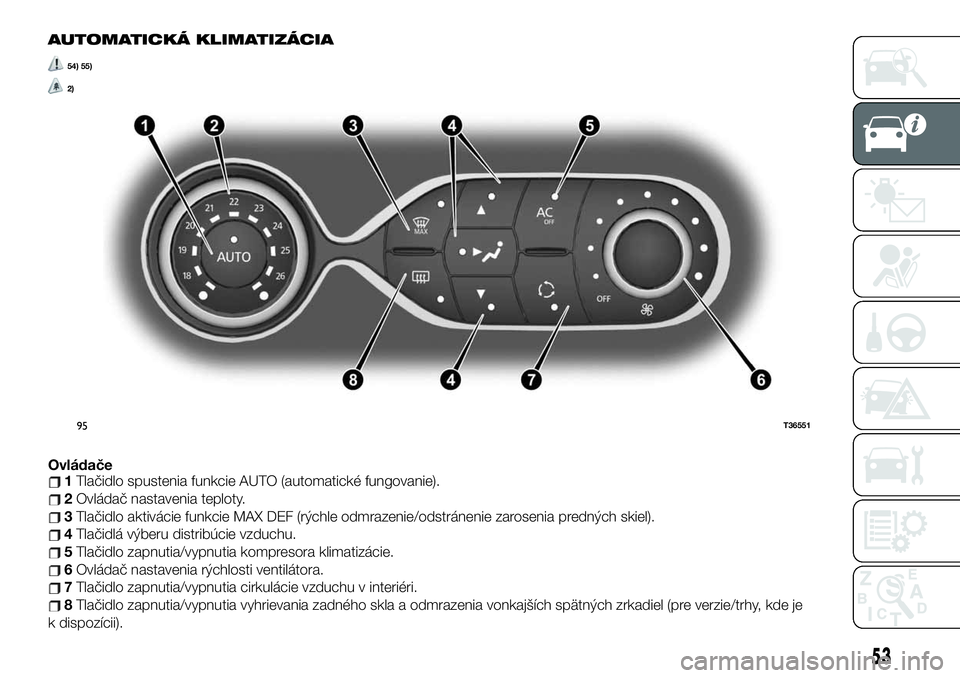 FIAT TALENTO 2020  Návod na použitie a údržbu (in Slovak) AUTOMATICKÁ KLIMATIZÁCIA
54) 55)
2)
Ovládače1Tlačidlo spustenia funkcie AUTO (automatické fungovanie).
2Ovládač nastavenia teploty.
3Tlačidlo aktivácie funkcie MAX DEF (rýchle odmrazenie/od