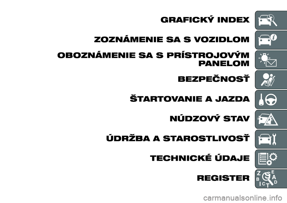 FIAT TALENTO 2021 Návod na použitie a údržbu (in Slovak) GRAFICKÝ INDEX
ZOZNÁMENIE SA S VOZIDLOM
OBOZNÁMENIE SA S PRÍSTROJOVÝM
PANELOM
BEZPEČNOSŤ
ŠTARTOVANIE A JAZDA
NÚDZOVÝ STAV
ÚDRŽBA A STAROSTLIVOSŤ
TECHNICKÉ ÚDAJE
REGISTER FIAT TALENTO 2021 Návod na použitie a údržbu (in Slovak) GRAFICKÝ INDEX
ZOZNÁMENIE SA S VOZIDLOM
OBOZNÁMENIE SA S PRÍSTROJOVÝM
PANELOM
BEZPEČNOSŤ
ŠTARTOVANIE A JAZDA
NÚDZOVÝ STAV
ÚDRŽBA A STAROSTLIVOSŤ
TECHNICKÉ ÚDAJE
REGISTER