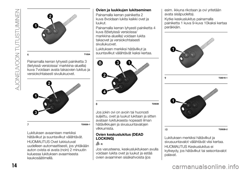 FIAT TALENTO 2017 Käyttö- ja huolto-ohjekirja (in in Finnish) Painamalla kerran lyhyesti painiketta 3
(tietyissä versioissa/ markkina-alueilla)
kuva 7voidaan avata takaovien lukitus ja
versiokohtaisesti sivuliukuovet.
Lukituksen avaamisen merkiksi
hätävilkut FIAT TALENTO 2017 Käyttö- ja huolto-ohjekirja (in in Finnish) Painamalla kerran lyhyesti painiketta 3
(tietyissä versioissa/ markkina-alueilla)
kuva 7voidaan avata takaovien lukitus ja
versiokohtaisesti sivuliukuovet.
Lukituksen avaamisen merkiksi
hätävilkut