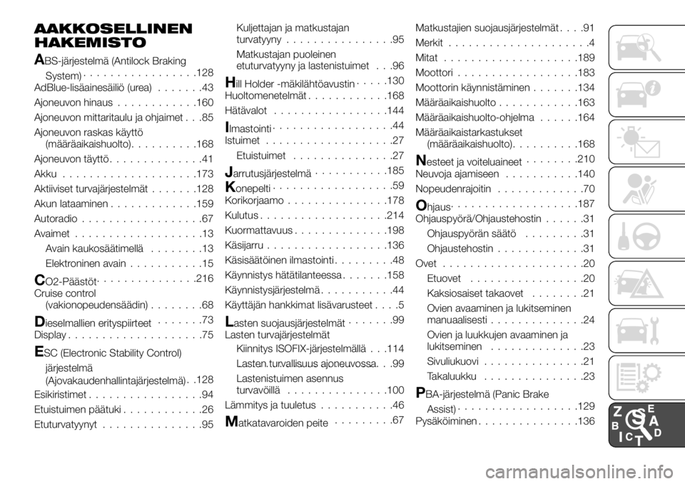 FIAT TALENTO 2017 Käyttö- ja huolto-ohjekirja (in in Finnish) AAKKOSELLINEN
HAKEMISTO
ABS-järjestelmä (Antilock Braking
System).................128
AdBlue-lisäainesäiliö (urea).......43
Ajoneuvon hinaus............160
Ajoneuvon mittaritaulu ja ohjaimet . . FIAT TALENTO 2017 Käyttö- ja huolto-ohjekirja (in in Finnish) AAKKOSELLINEN
HAKEMISTO
ABS-järjestelmä (Antilock Braking
System).................128
AdBlue-lisäainesäiliö (urea).......43
Ajoneuvon hinaus............160
Ajoneuvon mittaritaulu ja ohjaimet . .