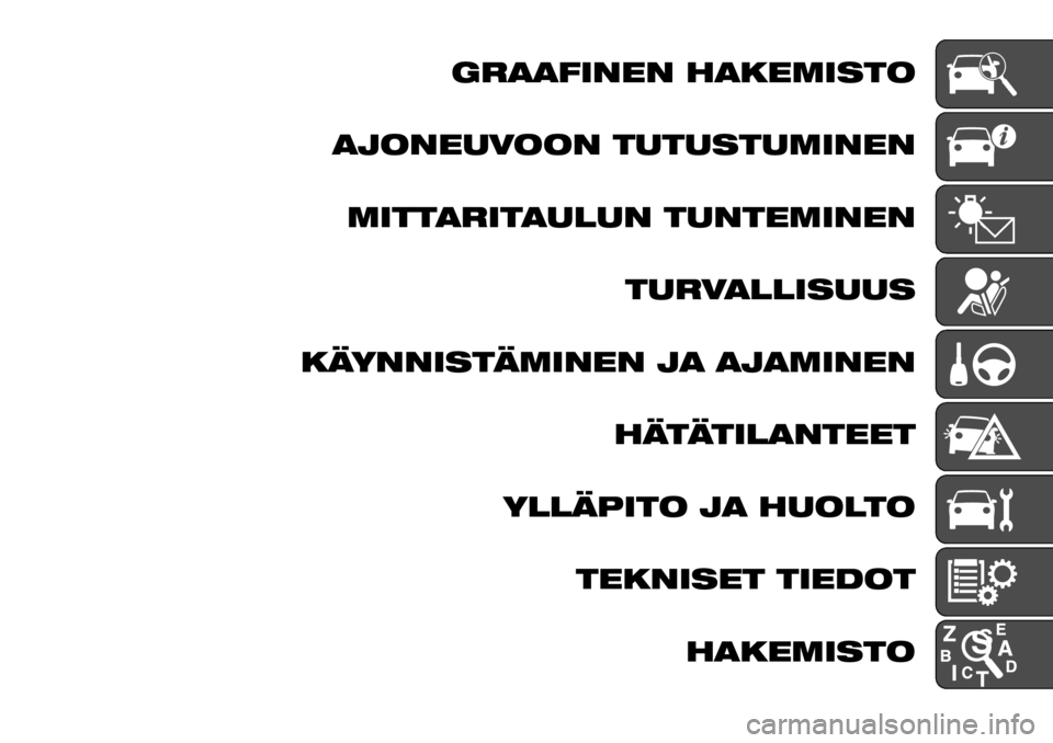 FIAT TALENTO 2017  Käyttö- ja huolto-ohjekirja (in in Finnish) GRAAFINEN HAKEMISTO
AJONEUVOON TUTUSTUMINEN
MITTARITAULUN TUNTEMINEN
TURVALLISUUS
KÄYNNISTÄMINEN JA AJAMINEN
HÄTÄTILANTEET
YLLÄPITO JA HUOLTO
TEKNISET TIEDOT
HAKEMISTO 