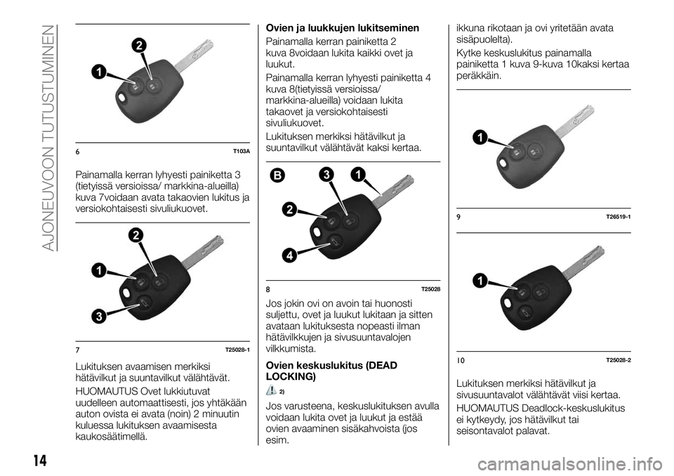 FIAT TALENTO 2018 Käyttö- ja huolto-ohjekirja (in in Finnish) Painamalla kerran lyhyesti painiketta 3
(tietyissä versioissa/ markkina-alueilla)
kuva 7voidaan avata takaovien lukitus ja
versiokohtaisesti sivuliukuovet.
Lukituksen avaamisen merkiksi
hätävilkut FIAT TALENTO 2018 Käyttö- ja huolto-ohjekirja (in in Finnish) Painamalla kerran lyhyesti painiketta 3
(tietyissä versioissa/ markkina-alueilla)
kuva 7voidaan avata takaovien lukitus ja
versiokohtaisesti sivuliukuovet.
Lukituksen avaamisen merkiksi
hätävilkut