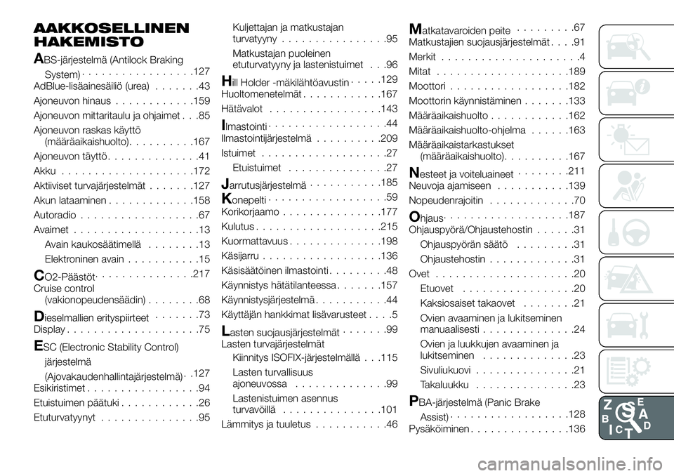 FIAT TALENTO 2018 Käyttö- ja huolto-ohjekirja (in in Finnish) AAKKOSELLINEN
HAKEMISTO
ABS-järjestelmä (Antilock Braking
System).................127
AdBlue-lisäainesäiliö (urea).......43
Ajoneuvon hinaus............159
Ajoneuvon mittaritaulu ja ohjaimet . . FIAT TALENTO 2018 Käyttö- ja huolto-ohjekirja (in in Finnish) AAKKOSELLINEN
HAKEMISTO
ABS-järjestelmä (Antilock Braking
System).................127
AdBlue-lisäainesäiliö (urea).......43
Ajoneuvon hinaus............159
Ajoneuvon mittaritaulu ja ohjaimet . .