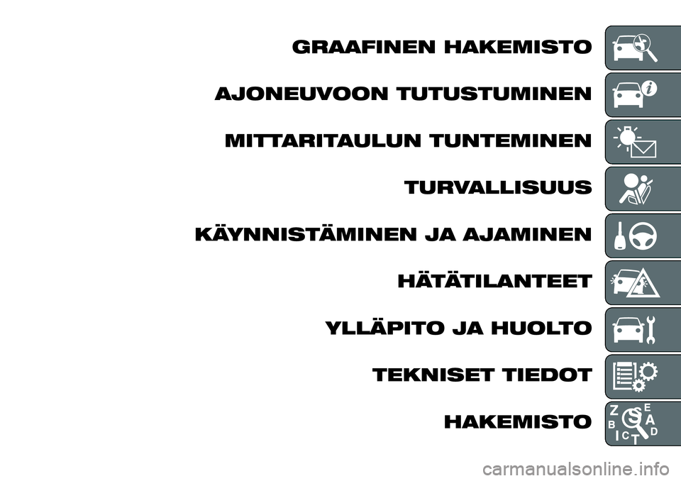 FIAT TALENTO 2018  Käyttö- ja huolto-ohjekirja (in in Finnish) GRAAFINEN HAKEMISTO
AJONEUVOON TUTUSTUMINEN
MITTARITAULUN TUNTEMINEN
TURVALLISUUS
KÄYNNISTÄMINEN JA AJAMINEN
HÄTÄTILANTEET
YLLÄPITO JA HUOLTO
TEKNISET TIEDOT
HAKEMISTO 