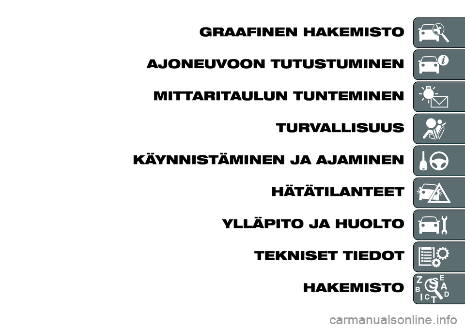 FIAT TALENTO 2018 Käyttö- ja huolto-ohjekirja (in in Finnish) GRAAFINEN HAKEMISTO
AJONEUVOON TUTUSTUMINEN
MITTARITAULUN TUNTEMINEN
TURVALLISUUS
KÄYNNISTÄMINEN JA AJAMINEN
HÄTÄTILANTEET
YLLÄPITO JA HUOLTO
TEKNISET TIEDOT
HAKEMISTO FIAT TALENTO 2018 Käyttö- ja huolto-ohjekirja (in in Finnish) GRAAFINEN HAKEMISTO
AJONEUVOON TUTUSTUMINEN
MITTARITAULUN TUNTEMINEN
TURVALLISUUS
KÄYNNISTÄMINEN JA AJAMINEN
HÄTÄTILANTEET
YLLÄPITO JA HUOLTO
TEKNISET TIEDOT
HAKEMISTO