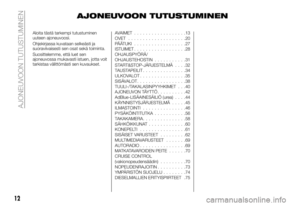 FIAT TALENTO 2020  Käyttö- ja huolto-ohjekirja (in in Finnish) AJONEUVOON TUTUSTUMINEN
Aloita tästä tarkempi tutustuminen
uuteen ajoneuvoosi.
Ohjekirjassa kuvataan selkeästi ja
suoraviivaisesti sen osat sekä toiminta.
Suosittelemme, että luet sen
ajoneuvossa