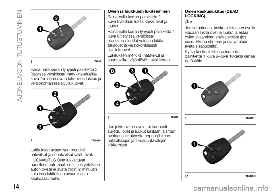 FIAT TALENTO 2021 Käyttö- ja huolto-ohjekirja (in in Finnish) Painamalla kerran lyhyesti painiketta 3
(tietyissä versioissa/ markkina-alueilla)
kuva 7voidaan avata takaovien lukitus ja
versiokohtaisesti sivuliukuovet.
Lukituksen avaamisen merkiksi
hätävilkut FIAT TALENTO 2021 Käyttö- ja huolto-ohjekirja (in in Finnish) Painamalla kerran lyhyesti painiketta 3
(tietyissä versioissa/ markkina-alueilla)
kuva 7voidaan avata takaovien lukitus ja
versiokohtaisesti sivuliukuovet.
Lukituksen avaamisen merkiksi
hätävilkut