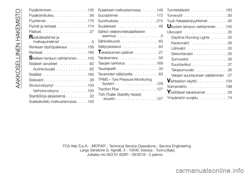 FIAT TALENTO 2020  Käyttö- ja huolto-ohjekirja (in in Finnish) Pysäköiminen...............135
Pysäköintitutka...............56
Pyyhkimet.................176
Pyörät ja renkaat.............174
Päätuki....................27
Radiolähettimet ja
matkapuhelimet