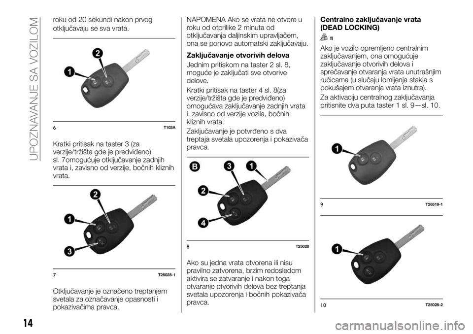 FIAT TALENTO 2017  Knjižica za upotrebu i održavanje (in Serbian) roku od 20 sekundi nakon prvog
otključavaju se sva vrata.
Kratki pritisak na taster 3 (za
verzije/tržišta gde je predviđeno)
sl. 7omogućuje otključavanje zadnjih
vrata i, zavisno od verzije, bo�