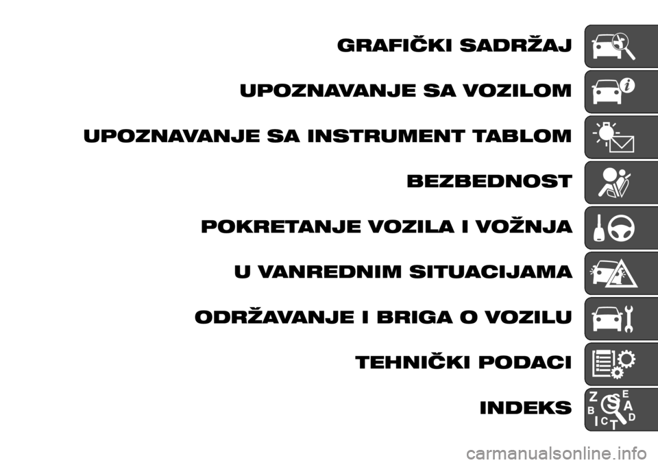 FIAT TALENTO 2017  Knjižica za upotrebu i održavanje (in Serbian) GRAFIČKI SADRŽAJ
UPOZNAVANJE SA VOZILOM
UPOZNAVANJE SA INSTRUMENT TABLOM
BEZBEDNOST
POKRETANJE VOZILA I VOŽNJA
U VANREDNIM SITUACIJAMA
ODRŽAVANJE I BRIGA O VOZILU
TEHNIČKI PODACI
INDEKS 