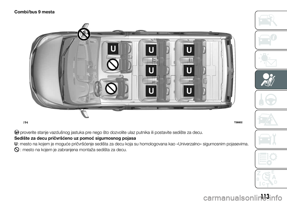 FIAT TALENTO 2018 Knjižica za upotrebu i održavanje (in Serbian) Combi/bus 9 mesta
proverite stanje vazdušnog jastuka pre nego što dozvolite ulaz putnika ili postavite sedište za decu.
Sedište za decu pričvršćeno uz pomoć sigurnosnog pojasa
U: mesto na koje FIAT TALENTO 2018 Knjižica za upotrebu i održavanje (in Serbian) Combi/bus 9 mesta
proverite stanje vazdušnog jastuka pre nego što dozvolite ulaz putnika ili postavite sedište za decu.
Sedište za decu pričvršćeno uz pomoć sigurnosnog pojasa
U: mesto na koje