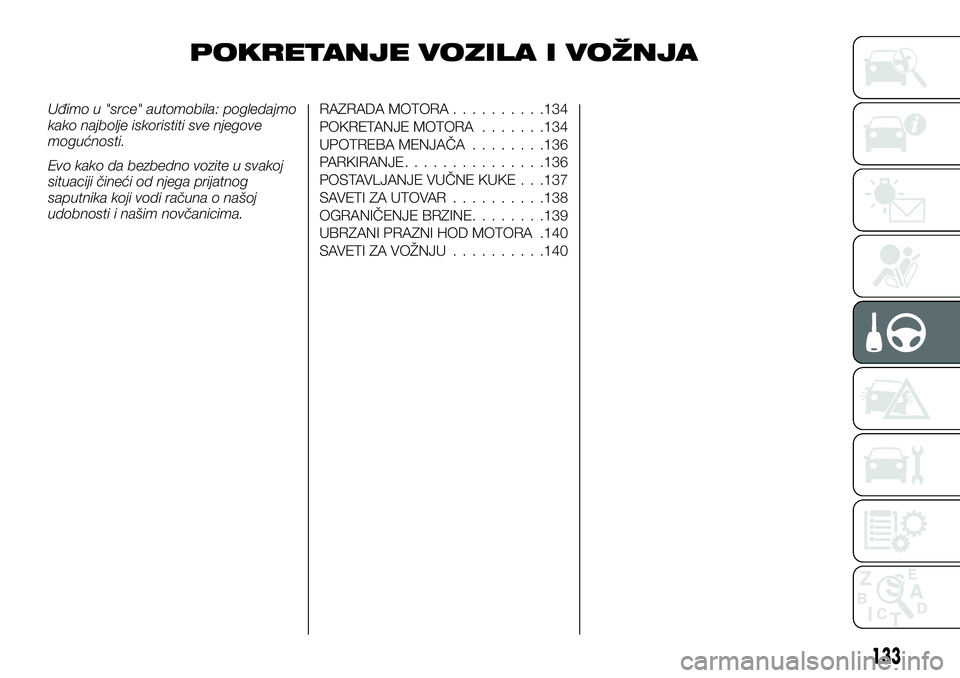 FIAT TALENTO 2018 Knjižica za upotrebu i održavanje (in Serbian) POKRETANJE VOZILA I VOŽNJA
Uđimo u "srce" automobila: pogledajmo
kako najbolje iskoristiti sve njegove
mogućnosti.
Evo kako da bezbedno vozite u svakoj
situaciji čineći od njega prijatnog FIAT TALENTO 2018 Knjižica za upotrebu i održavanje (in Serbian) POKRETANJE VOZILA I VOŽNJA
Uđimo u "srce" automobila: pogledajmo
kako najbolje iskoristiti sve njegove
mogućnosti.
Evo kako da bezbedno vozite u svakoj
situaciji čineći od njega prijatnog