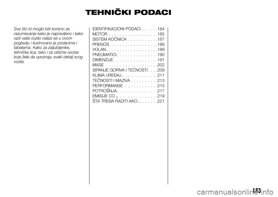 FIAT TALENTO 2018 Knjižica za upotrebu i održavanje (in Serbian) TEHNIČKI PODACI
Sve što bi moglo biti korisno za
razumevanje kako je napravljeno i kako
radi vaše vozilo nalazi se u ovom
poglavlju i ilustrovano je podacima i
tabelama. Kako za zaljubljenike,
tehn FIAT TALENTO 2018 Knjižica za upotrebu i održavanje (in Serbian) TEHNIČKI PODACI
Sve što bi moglo biti korisno za
razumevanje kako je napravljeno i kako
radi vaše vozilo nalazi se u ovom
poglavlju i ilustrovano je podacima i
tabelama. Kako za zaljubljenike,
tehn