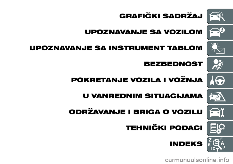 FIAT TALENTO 2018  Knjižica za upotrebu i održavanje (in Serbian) GRAFIČKI SADRŽAJ
UPOZNAVANJE SA VOZILOM
UPOZNAVANJE SA INSTRUMENT TABLOM
BEZBEDNOST
POKRETANJE VOZILA I VOŽNJA
U VANREDNIM SITUACIJAMA
ODRŽAVANJE I BRIGA O VOZILU
TEHNIČKI PODACI
INDEKS 