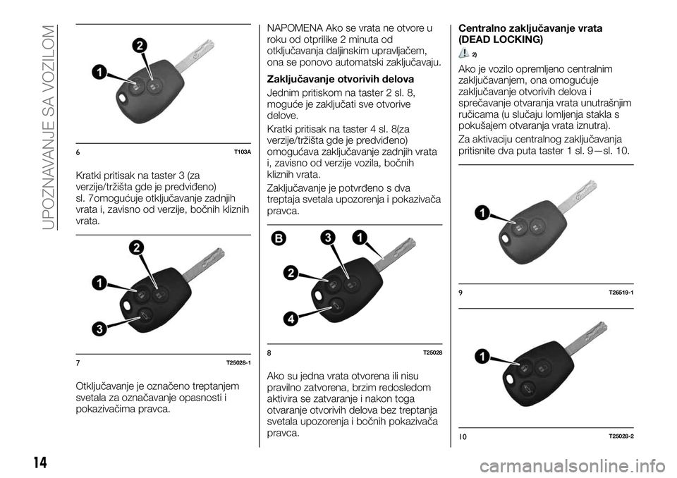 FIAT TALENTO 2021  Knjižica za upotrebu i održavanje (in Serbian) Kratki pritisak na taster 3 (za
verzije/tržišta gde je predviđeno)
sl. 7omogućuje otključavanje zadnjih
vrata i, zavisno od verzije, bočnih kliznih
vrata.
Otključavanje je označeno treptanjem
