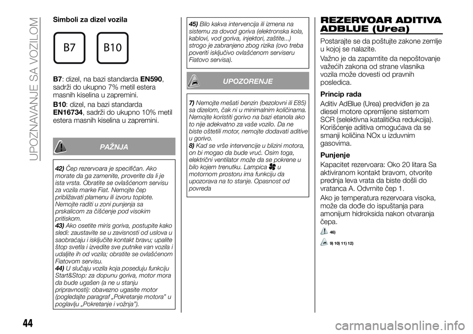 FIAT TALENTO 2020  Knjižica za upotrebu i održavanje (in Serbian) Simboli za dizel vozila
B7: dizel, na bazi standardaEN590,
sadrži do ukupno 7% metil estera
masnih kiselina u zapremini.
B10: dizel, na bazi standarda
EN16734, sadrži do ukupno 10% metil
estera masn