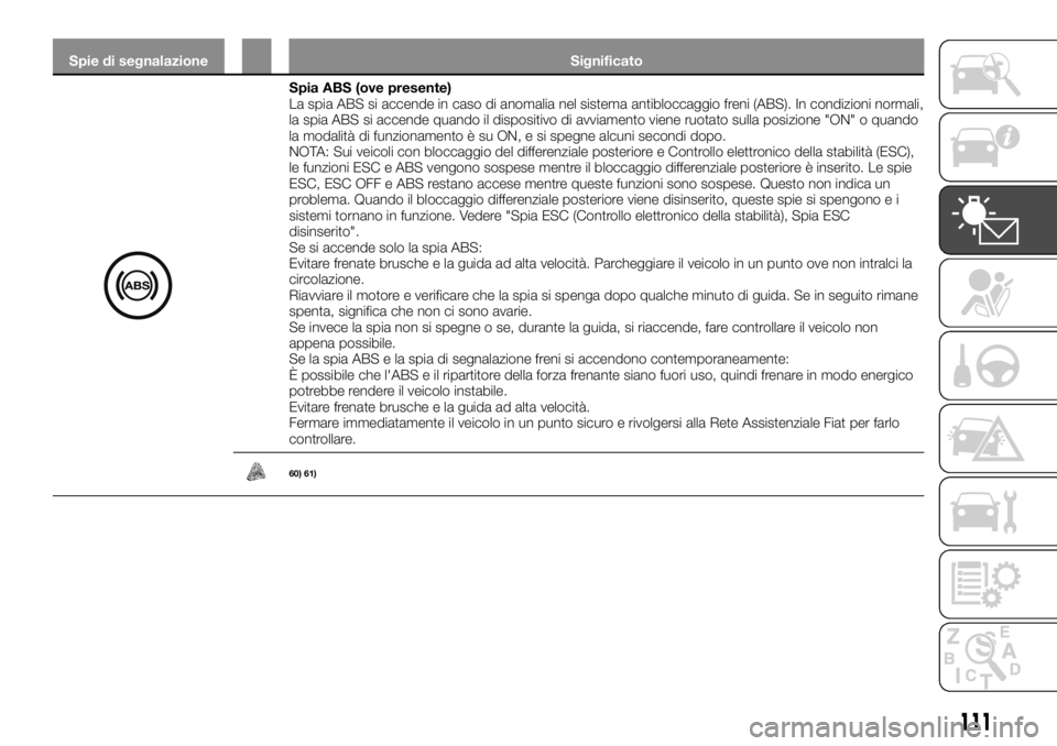 FIAT FULLBACK 2017  Libretto Uso Manutenzione (in Italian) Spie di segnalazione Significato
Spia ABS (ove presente)
La spia ABS si accende in caso di anomalia nel sistema antibloccaggio freni (ABS). In condizioni normali,
la spia ABS si accende quando il disp