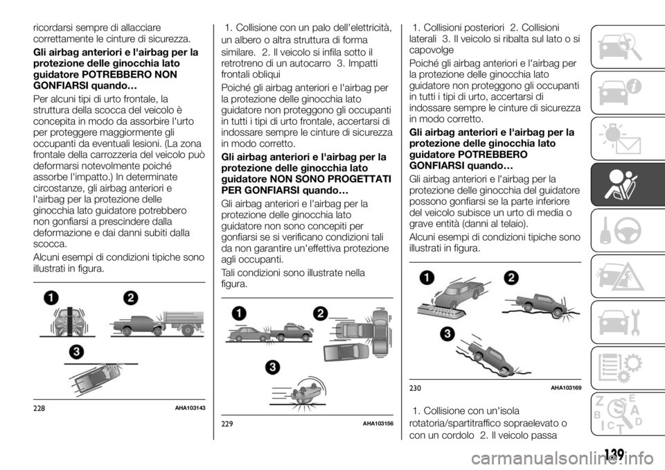 FIAT FULLBACK 2017 Libretto Uso Manutenzione (in Italian) ricordarsi sempre di allacciare
correttamente le cinture di sicurezza.
Gli airbag anteriori e l'airbag per la
protezione delle ginocchia lato
guidatore POTREBBERO NON
GONFIARSI quando…
Per alcun FIAT FULLBACK 2017 Libretto Uso Manutenzione (in Italian) ricordarsi sempre di allacciare
correttamente le cinture di sicurezza.
Gli airbag anteriori e l'airbag per la
protezione delle ginocchia lato
guidatore POTREBBERO NON
GONFIARSI quando…
Per alcun