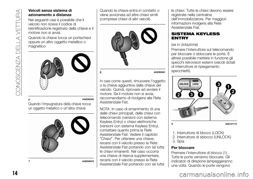 FIAT FULLBACK 2017  Libretto Uso Manutenzione (in Italian) Veicoli senza sistema di
azionamento a distanza
Nei seguenti casi è possibile che il
veicolo non riceva il codice di
identificazione registrato della chiave e il
motore non si avvia.
Quando la chiave