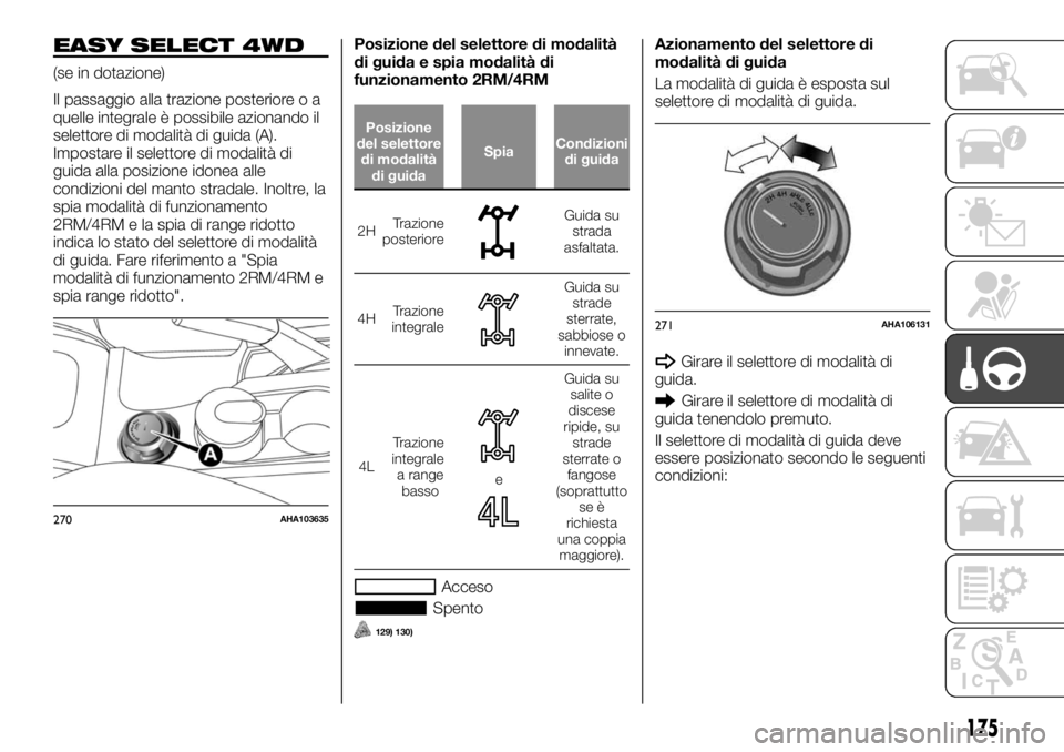 FIAT FULLBACK 2017 Libretto Uso Manutenzione (in Italian) EASY SELECT 4WD
(se in dotazione)
Il passaggio alla trazione posteriore o a
quelle integrale è possibile azionando il
selettore di modalità di guida (A).
Impostare il selettore di modalità di
guida FIAT FULLBACK 2017 Libretto Uso Manutenzione (in Italian) EASY SELECT 4WD
(se in dotazione)
Il passaggio alla trazione posteriore o a
quelle integrale è possibile azionando il
selettore di modalità di guida (A).
Impostare il selettore di modalità di
guida