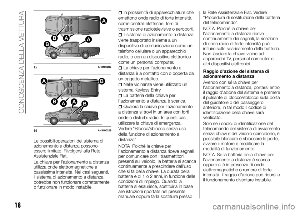 FIAT FULLBACK 2017  Libretto Uso Manutenzione (in Italian) Le possibili operazioni del sistema di
azionamento a distanza possono
essere limitate. Rivolgersi alla Rete
Assistenziale Fiat.
La chiave per l'azionamento a distanza
utilizza onde elettromagnetic