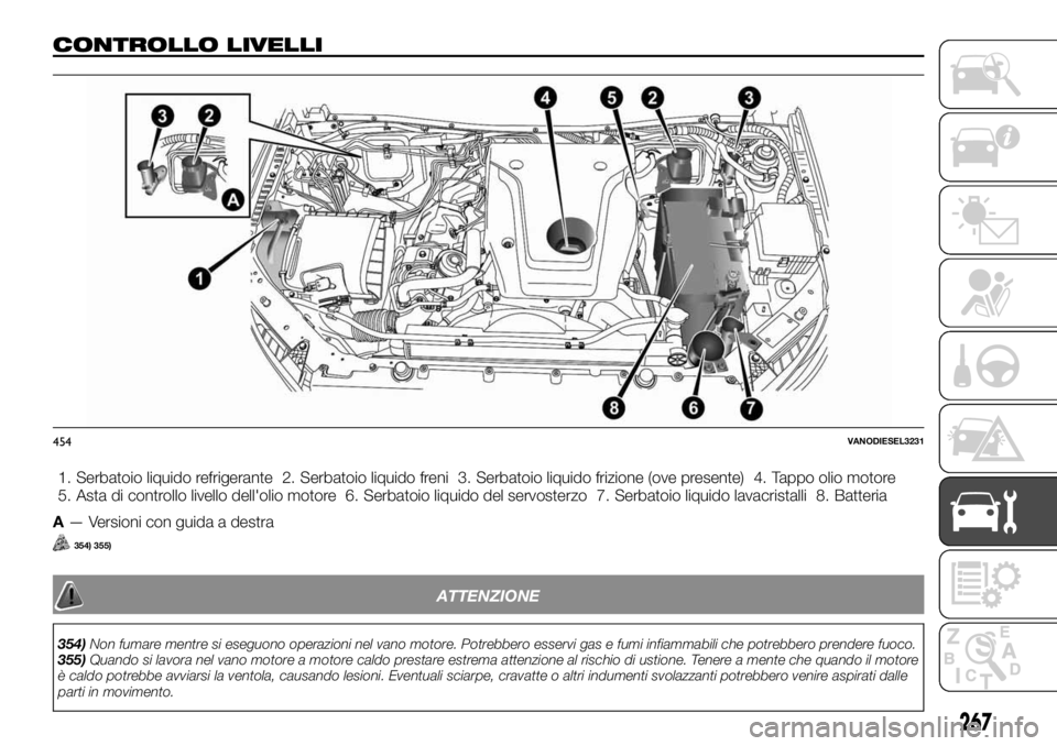 FIAT FULLBACK 2017 Libretto Uso Manutenzione (in Italian) CONTROLLO LIVELLI
1. Serbatoio liquido refrigerante 2. Serbatoio liquido freni 3. Serbatoio liquido frizione (ove presente) 4. Tappo olio motore
5. Asta di controllo livello dell'olio motore 6. Se FIAT FULLBACK 2017 Libretto Uso Manutenzione (in Italian) CONTROLLO LIVELLI
1. Serbatoio liquido refrigerante 2. Serbatoio liquido freni 3. Serbatoio liquido frizione (ove presente) 4. Tappo olio motore
5. Asta di controllo livello dell'olio motore 6. Se