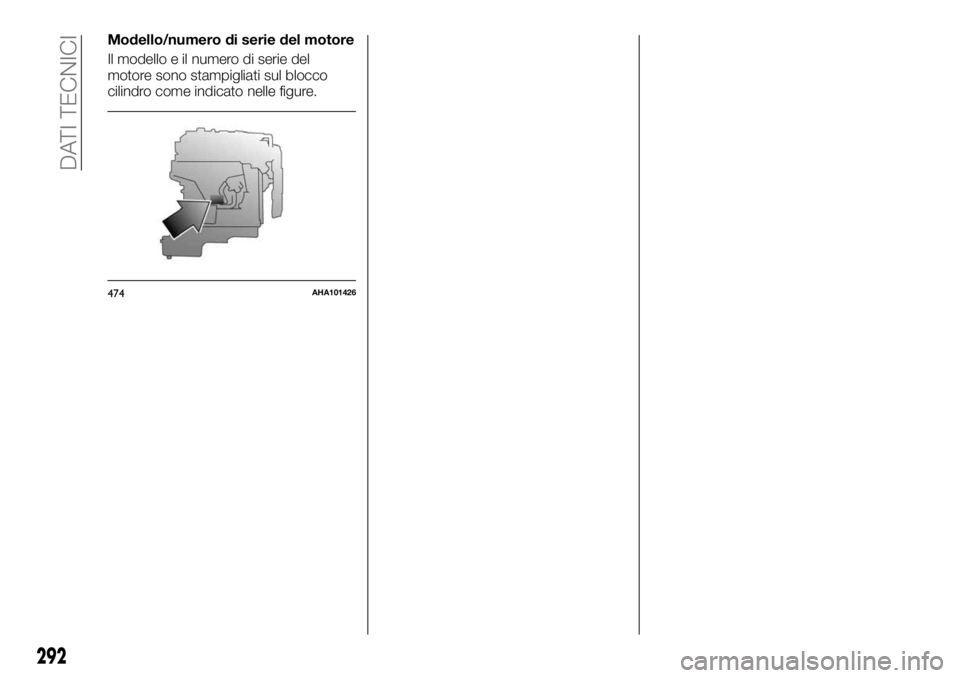 FIAT FULLBACK 2017  Libretto Uso Manutenzione (in Italian) Modello/numero di serie del motore
Il modello e il numero di serie del
motore sono stampigliati sul blocco
cilindro come indicato nelle figure.
474AHA101426
292
DATI TECNICI 