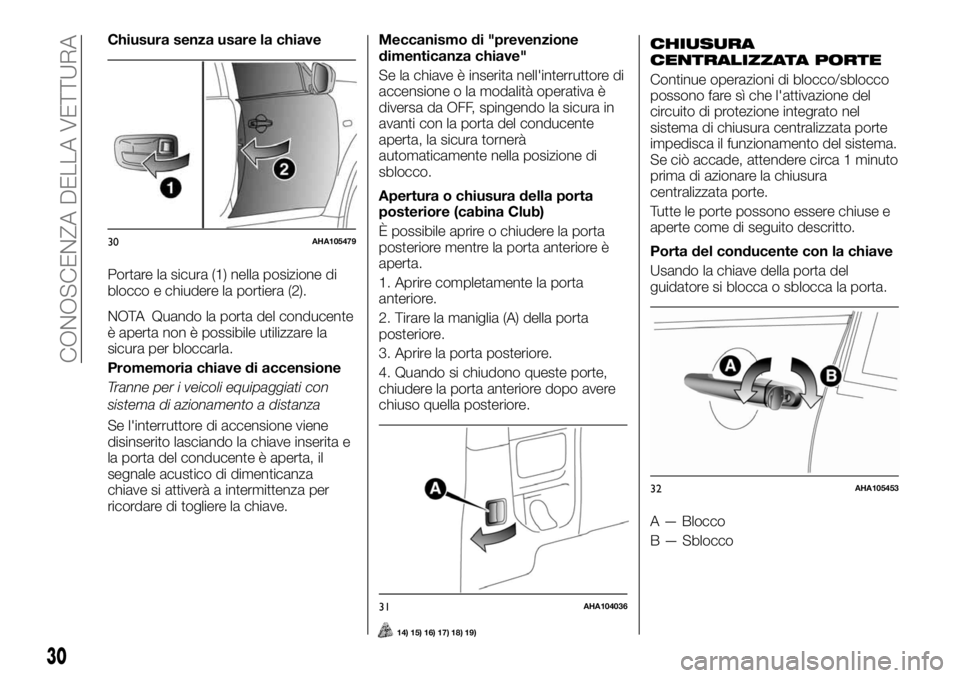 FIAT FULLBACK 2017  Libretto Uso Manutenzione (in Italian) Chiusura senza usare la chiave
Portare la sicura (1) nella posizione di
blocco e chiudere la portiera (2).
NOTA Quando la porta del conducente
è aperta non è possibile utilizzare la
sicura per blocc