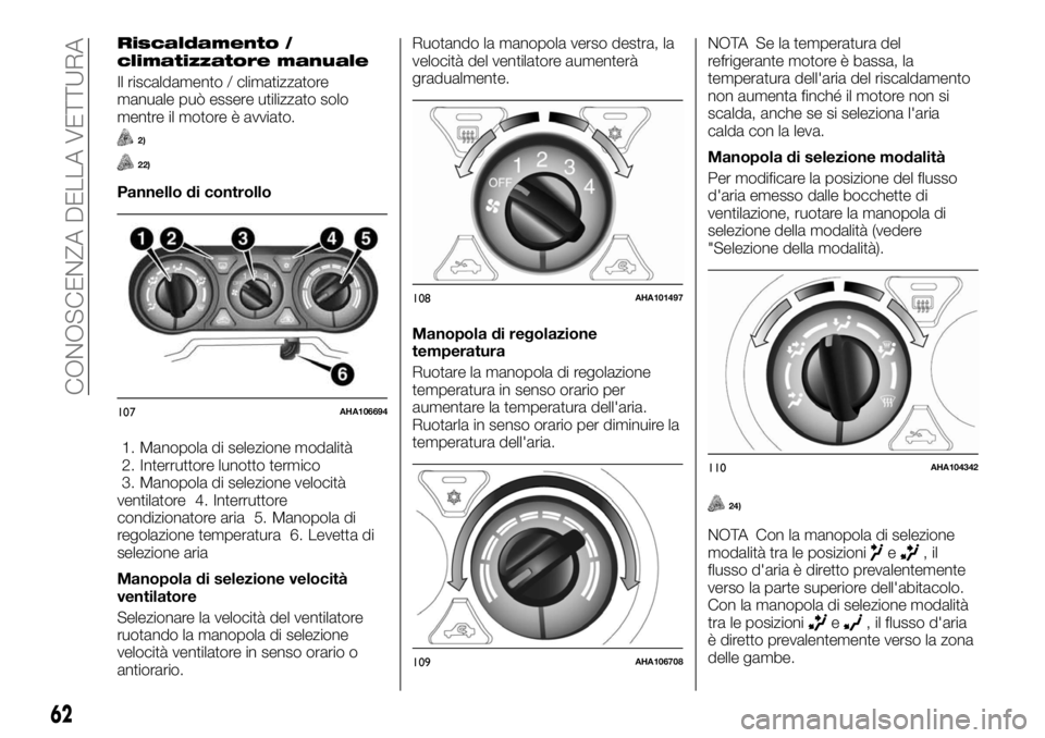 FIAT FULLBACK 2017  Libretto Uso Manutenzione (in Italian) Riscaldamento /
climatizzatore manuale
Il riscaldamento / climatizzatore
manuale può essere utilizzato solo
mentre il motore è avviato.
2)
22)
Pannello di controllo
1. Manopola di selezione modalit