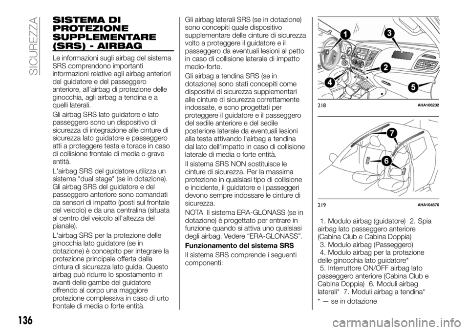 FIAT FULLBACK 2018  Libretto Uso Manutenzione (in Italian) SISTEMA DI
PROTEZIONE
SUPPLEMENTARE
(SRS) - AIRBAG
Le informazioni sugli airbag del sistema
SRS comprendono importanti
informazioni relative agli airbag anteriori
del guidatore e del passeggero
anteri