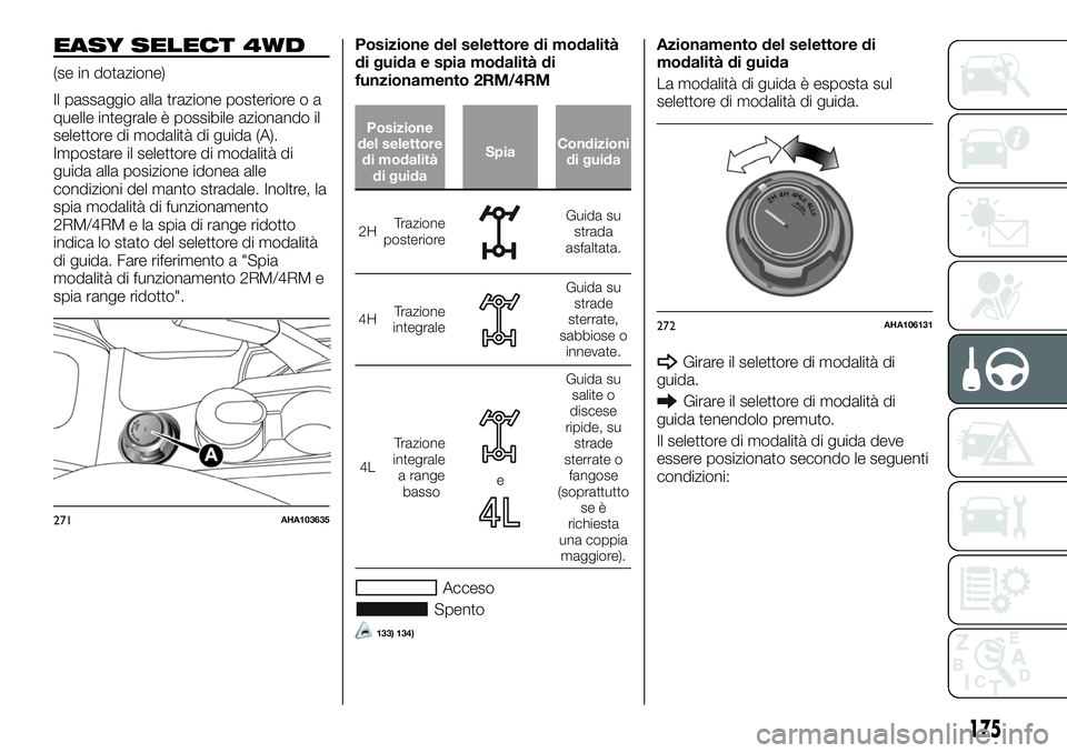 FIAT FULLBACK 2018 Libretto Uso Manutenzione (in Italian) EASY SELECT 4WD
(se in dotazione)
Il passaggio alla trazione posteriore o a
quelle integrale è possibile azionando il
selettore di modalità di guida (A).
Impostare il selettore di modalità di
guida FIAT FULLBACK 2018 Libretto Uso Manutenzione (in Italian) EASY SELECT 4WD
(se in dotazione)
Il passaggio alla trazione posteriore o a
quelle integrale è possibile azionando il
selettore di modalità di guida (A).
Impostare il selettore di modalità di
guida