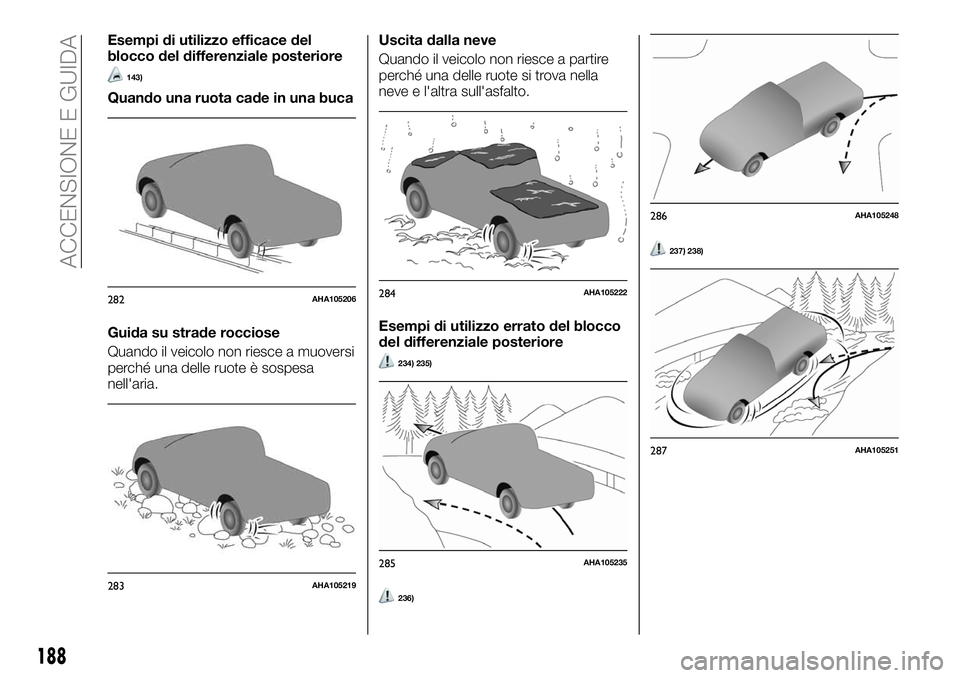 FIAT FULLBACK 2018 Libretto Uso Manutenzione (in Italian) Esempi di utilizzo efficace del
blocco del differenziale posteriore
143)
Quando una ruota cade in una buca
Guida su strade rocciose
Quando il veicolo non riesce a muoversi
perché una delle ruote è s FIAT FULLBACK 2018 Libretto Uso Manutenzione (in Italian) Esempi di utilizzo efficace del
blocco del differenziale posteriore
143)
Quando una ruota cade in una buca
Guida su strade rocciose
Quando il veicolo non riesce a muoversi
perché una delle ruote è s