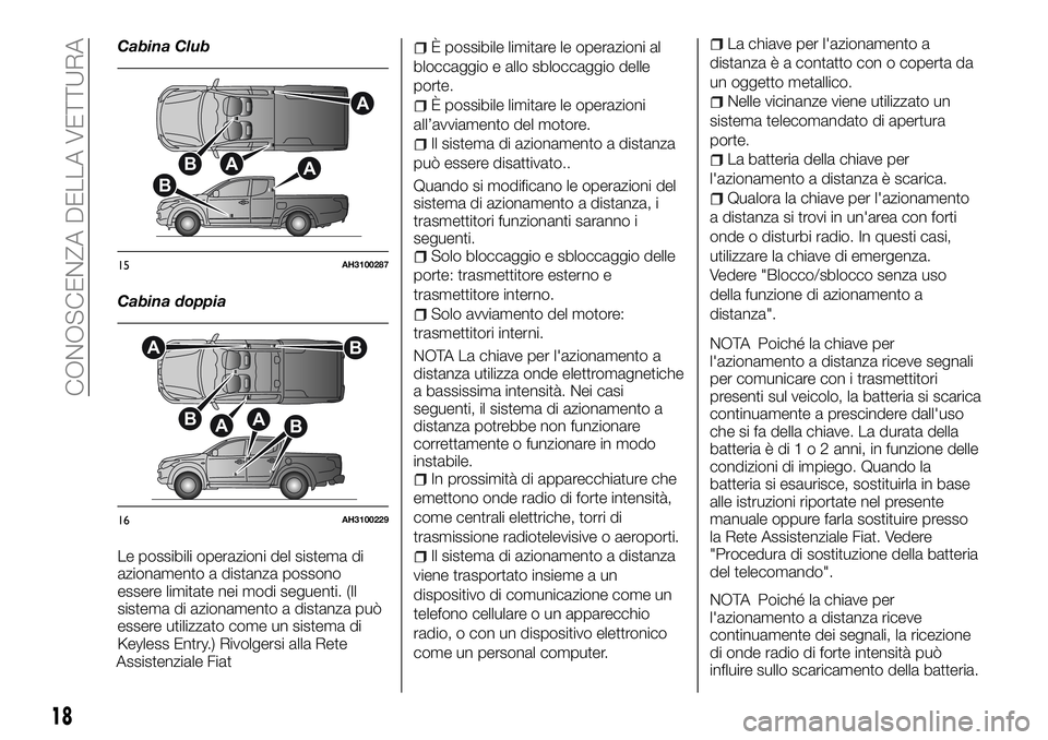 FIAT FULLBACK 2018 Libretto Uso Manutenzione (in Italian) Cabina Club
Cabina doppia
Le possibili operazioni del sistema di
azionamento a distanza possono
essere limitate nei modi seguenti. (Il
sistema di azionamento a distanza può
essere utilizzato come un FIAT FULLBACK 2018 Libretto Uso Manutenzione (in Italian) Cabina Club
Cabina doppia
Le possibili operazioni del sistema di
azionamento a distanza possono
essere limitate nei modi seguenti. (Il
sistema di azionamento a distanza può
essere utilizzato come un