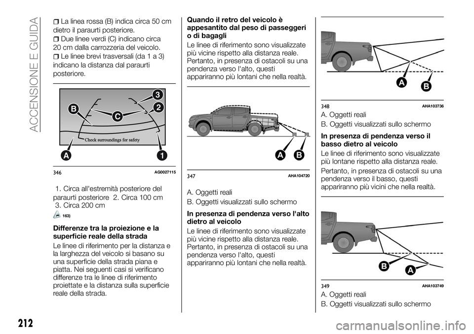 FIAT FULLBACK 2018  Libretto Uso Manutenzione (in Italian) La linea rossa (B) indica circa 50 cm
dietro il paraurti posteriore.
Due linee verdi (C) indicano circa
20 cm dalla carrozzeria del veicolo.
Le linee brevi trasversali (da1a3)
indicano la distanza dal