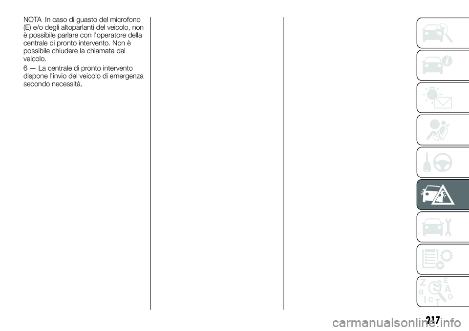 FIAT FULLBACK 2018  Libretto Uso Manutenzione (in Italian) NOTA In caso di guasto del microfono
(E) e/o degli altoparlanti del veicolo, non
è possibile parlare con l'operatore della
centrale di pronto intervento. Non è
possibile chiudere la chiamata dal
