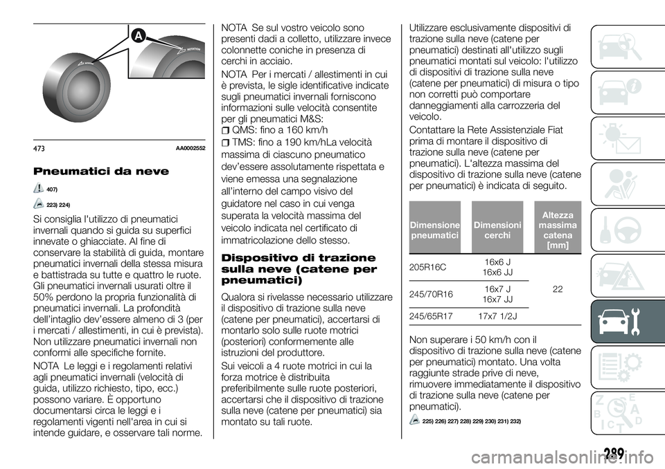 FIAT FULLBACK 2018  Libretto Uso Manutenzione (in Italian) Pneumatici da neve
407)
223) 224)
Si consiglia l'utilizzo di pneumatici
invernali quando si guida su superfici
innevate o ghiacciate. Al fine di
conservare la stabilità di guida, montare
pneumati