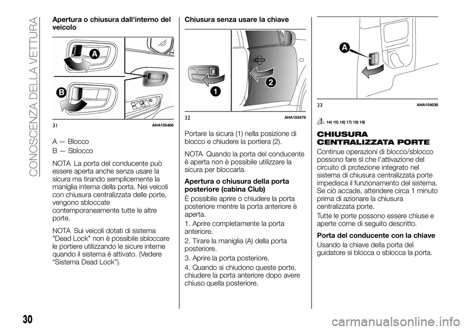 FIAT FULLBACK 2018  Libretto Uso Manutenzione (in Italian) Apertura o chiusura dall'interno del
veicolo
A — Blocco
B — Sblocco
NOTA La porta del conducente può
essere aperta anche senza usare la
sicura ma tirando semplicemente la
maniglia interna del